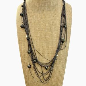 NWT Cache Gunmetal Metal Layered Chainlink Link Purple Pearl Long Necklace